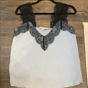 Blue top with black lace hem & straps